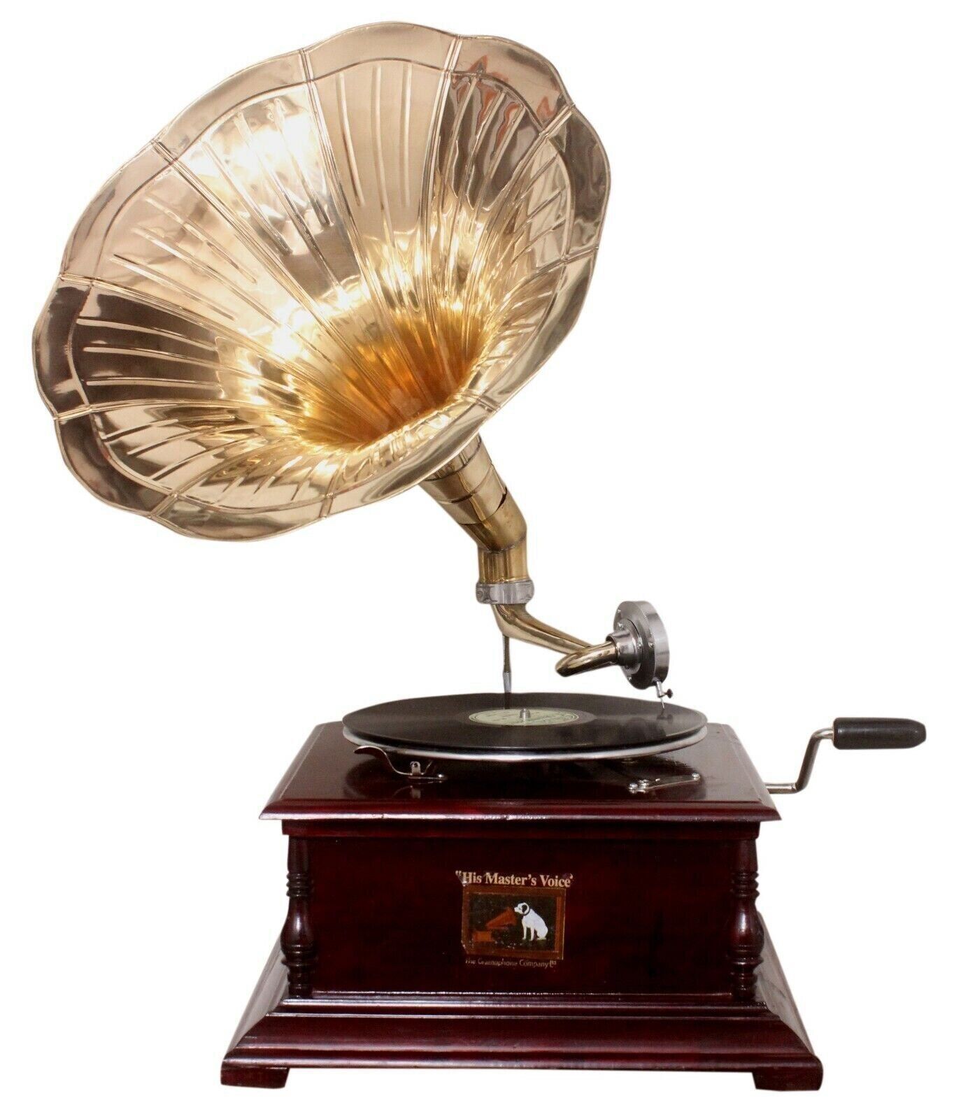 Vintage Wind-Up Brass Horn Gramophone Player