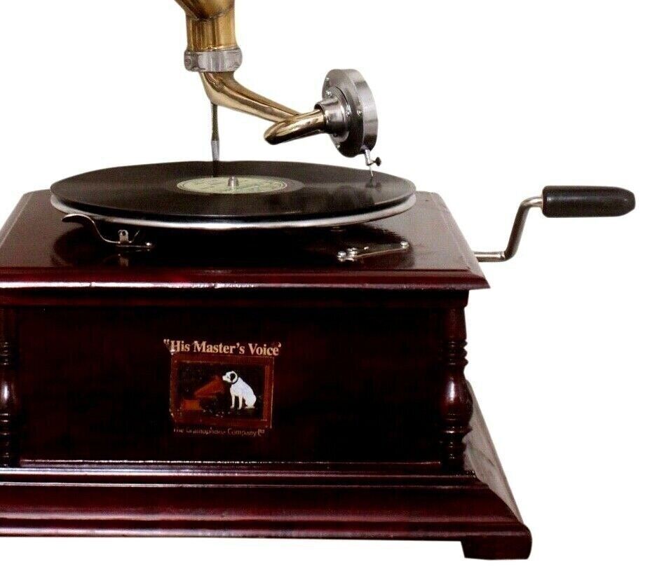 Vintage Wind-Up Brass Horn Gramophone Player