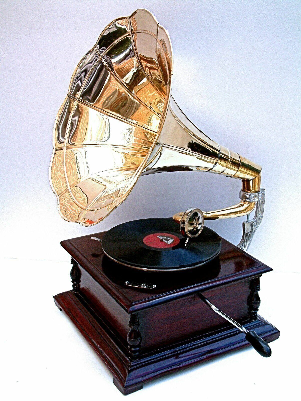 Vintage Wind-Up Brass Horn Gramophone Player