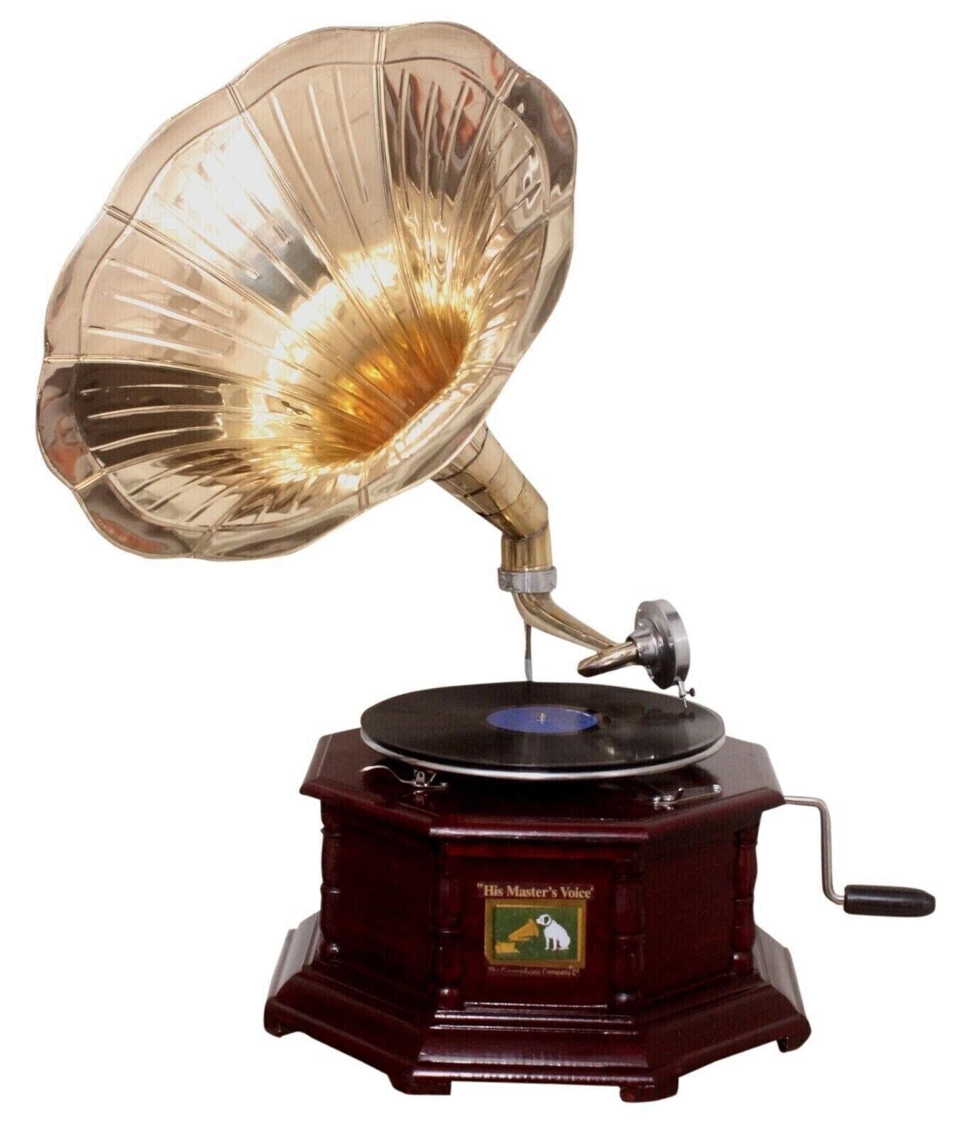 Vintage Brass Horn Hex Gramophone Player