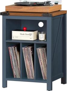 Navy Blue Record Player Stand with Vinyl Storage