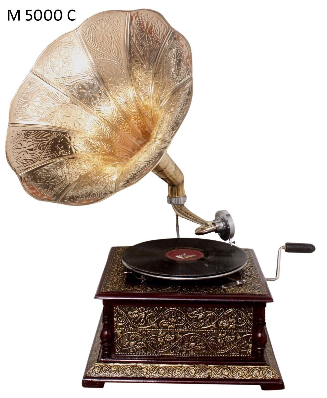 Vintage Brass Horn Wind-Up Gramophone Replica