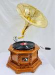 Vintage-Style Wooden Gramophone with Gold Horn