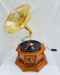Vintage-Style Wooden Gramophone with Gold Horn