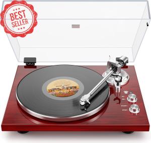 Red Bluetooth USB Vinyl Record Player with Wood Base