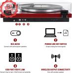 Red Bluetooth USB Vinyl Record Player with Wood Base