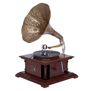 Antique Dark Wood Replica Gramophone with Brass Horn