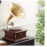 Antique Dark Wood Replica Gramophone with Brass Horn