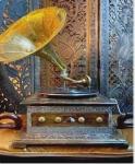 Antique Style Metal Gramophone with Wooden Base