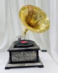 Antique Floral Carved Gramophone with Gold Horn