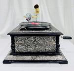 Antique Floral Carved Gramophone with Gold Horn