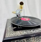 Antique Floral Carved Gramophone with Gold Horn