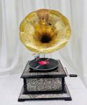 Antique Floral Carved Gramophone with Gold Horn