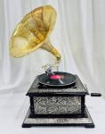 Antique Floral Carved Gramophone with Gold Horn