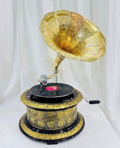 Vintage Floral Carved Wooden Gramophone with Gold Horn