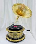 Vintage Floral Carved Wooden Gramophone with Gold Horn