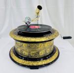 Vintage Floral Carved Wooden Gramophone with Gold Horn