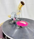 Vintage Floral Carved Wooden Gramophone with Gold Horn