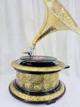 Vintage Floral Carved Wooden Gramophone with Gold Horn