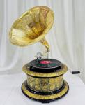 Vintage Floral Carved Wooden Gramophone with Gold Horn