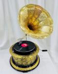 Vintage Floral Carved Wooden Gramophone with Gold Horn