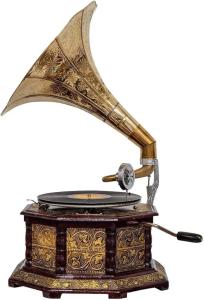 Vintage-Style Brass and Wood Wind-Up Gramophone