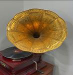 Vintage Brass and Wood Wind-Up Gramophone
