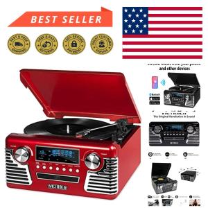 Compact Red Vintage Record Player with Bluetooth