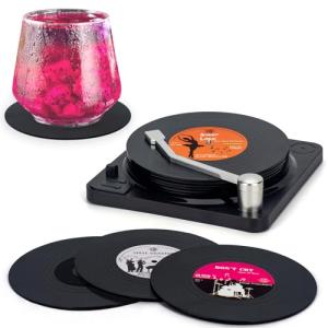 Funny Retro Vinyl Record Coasters with Player, 6 Pcs