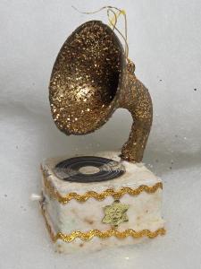 Gold Glitter Victrola Phonograph Christmas Ornament