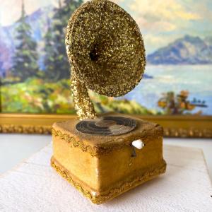 Victrola Record Player Ornament - Gold Glitter