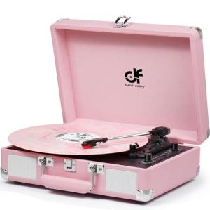 Pink Vintage Suitcase Record Player with Bluetooth