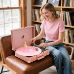 Rose Gold Portable Vinyl Turntable with Speakers