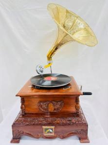 Vintage-Style Replica Gramophone with Floral Carvings