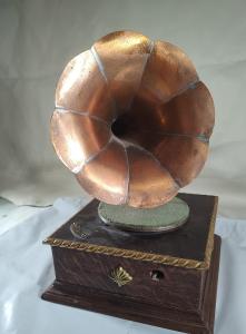 Vintage Phonograph Music Box with Copper Brass Horn
