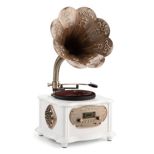 Vintage Bluetooth Gramophone Record Player with Copper Horn