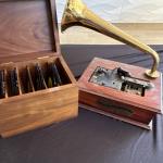 Vintage Style Gramophone with Wooden Record Storage