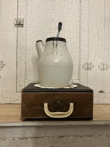 Vintage Portable Record Player with Patina Stand