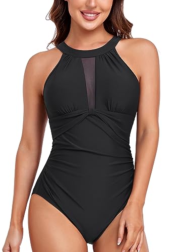 Vevarble Swimming Costume Women Mesh Inset Slimming One Piece Swimsuit Tummy Control Swimwear Beach Bathing Suit B-M
