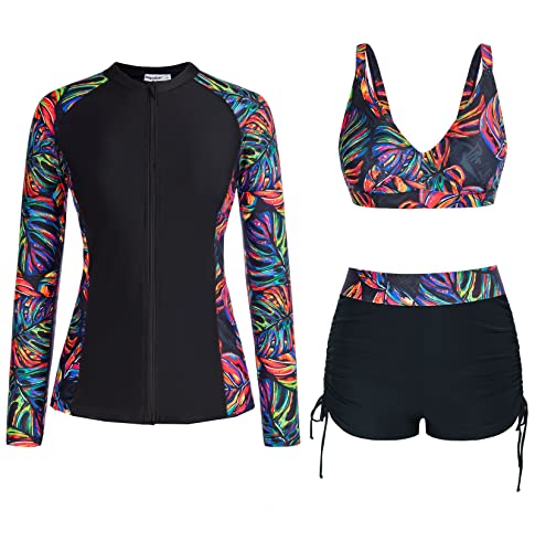 Long Sleeve Full Zip Up Rash Guard Swimsuits for Women 3 Piece Swimwear Bathing Suit with Boyshort Black Purple Leaves M