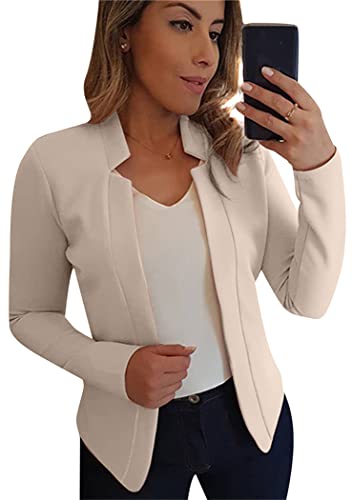 OMZIN Womens Casual Solid Office Blazers Stand Neck Open Front Cardigans Jacket Work Suit Beige XL