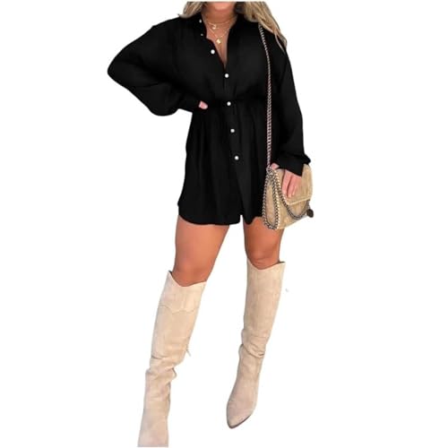 Gokame Satin Covered Nights Romper Dress, Satin Dress Set, Casual Button Shirt Dress Shorts Set, Solid Color Long Sleeve Shirt Suit (XL, Black)