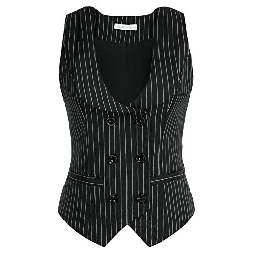 Belle Poque Business Style Suit Vest for Women Lapel Collar U-Neck Classic Stripes Waistcoats Black White Stripes BP0613-02 L
