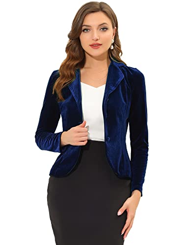 Allegra K Women's Notched Lapel Suit Jacket Long Sleeve Office Business Velvet Blazer Dark Blue 16