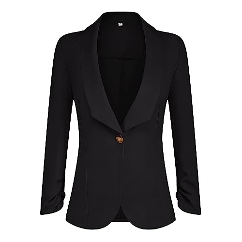 PrinStory Womens Blazer Suit Open Front Cardigan 3/4 Ruched Sleeve Work Office Blazer Jacket (Black, 18-20)