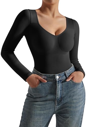 OMKAGI Ribbed Seamless Shapewear for Women Sweetheart V Neck Long Sleeve Bodysuit Tummy Control Body Shaper(L,Black)