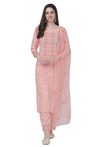 TRENDMALLS Women's Cotton Embroidery Kurta Pant Suit Set (TM.G103-LightPink-3XL)