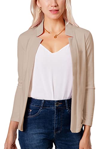 OMZIN Womens Casual Solid Office Blazers Stand Neck Open Front Cardigans Jacket Work Suit Beige XL