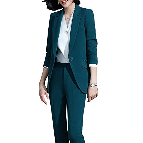 YFFUSHI Women 2-Piece Trouser-Suit Jacket Ladies Formal Office Business Blazer Coat Green