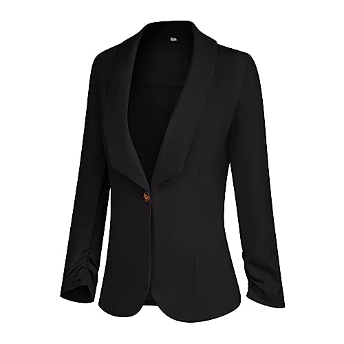 PrinStory Womens Blazer Suit Open Front Cardigan 3/4 Ruched Sleeve Work Office Blazer Jacket (Black, 18-20)